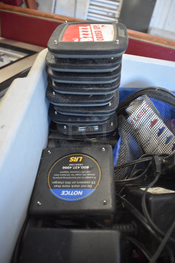 ALL ONE MONEY! Lot of Various Items Including 8 Table Buzzers, Charging Base and Gloves in Gray Poly Bus Bin - Image 5 of 5