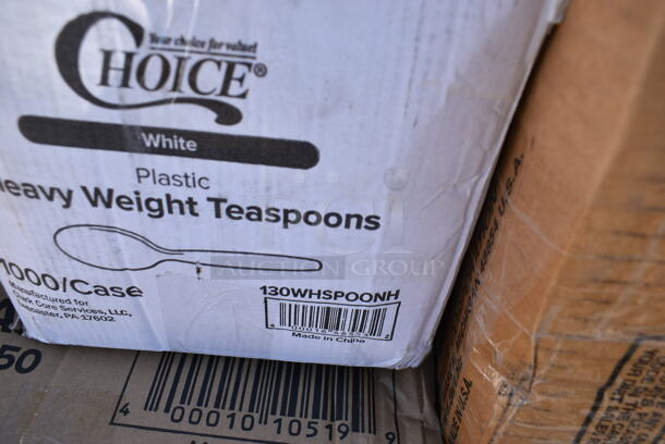 PALLET LOT of 20 BRAND NEW Boxes Including Dart 205HT1 White Foam Take Out Container with Perforated Hinged Lid 9" x 6" x 3", 130WHSPOONH Choice White Heavy Weight Plastic Teaspoon - 1000/Case, 50010C Choice 10 oz. Coffee Print Poly Paper Hot Cup - 1000/Case, Dart 20JL 20. Translucent Vented Lid - 1000/Case, 127P2C Choice Clear Plastic Souffle Cup / Portion Cup - 2 oz. - 2500/Case, 74555-0150 Solut 15" Take and Bake Coated Paperboard Black Oven Safe Pizza Tray - 150/Case, 394385S Noble Products White Powder-Free Disposable Latex Gloves for Foodservice - Small - 1000/Case, Carlisle 40008C14 Sparta 30" Blue Multi-Purpose Cleaning Brush - 5" Bristle Diameter, 3755GL444 GET GL-444 Curator 4" x 4" Square 26 oz. Clear Glass Storage Jar, 433NHT101 Choice 1/6 Standard Size White "Thank You" Standard-Duty Plastic T-Shirt Bag - 700/Case. 20 Times Your Bid!  - Image 3 of 12