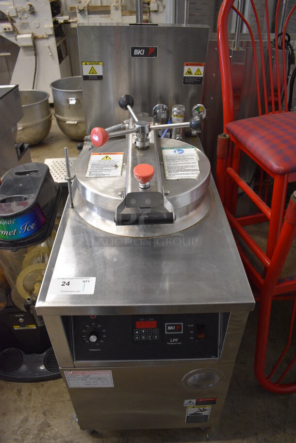 BKI Model LPF-F Stainless Steel Commercial Floor Style Electric Powered Pressure Fryer on Commercial Casters. 230 Volts, 3 Phase. 18.5x37x49.5