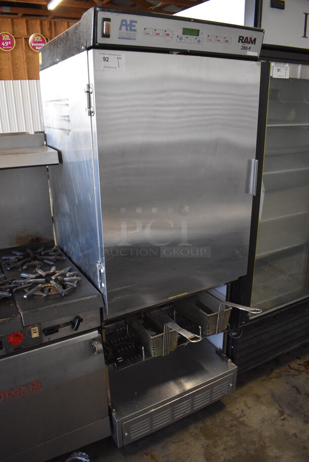 Automated Equipment RAM 280-F Stainless Steel Commercial Floor Style Frozen Fry Dispenser w/ 2 Metal Fry Baskets on Commercial Casters. 115 Volts, 1 Phase. 29x31x75. Tested and Powers On