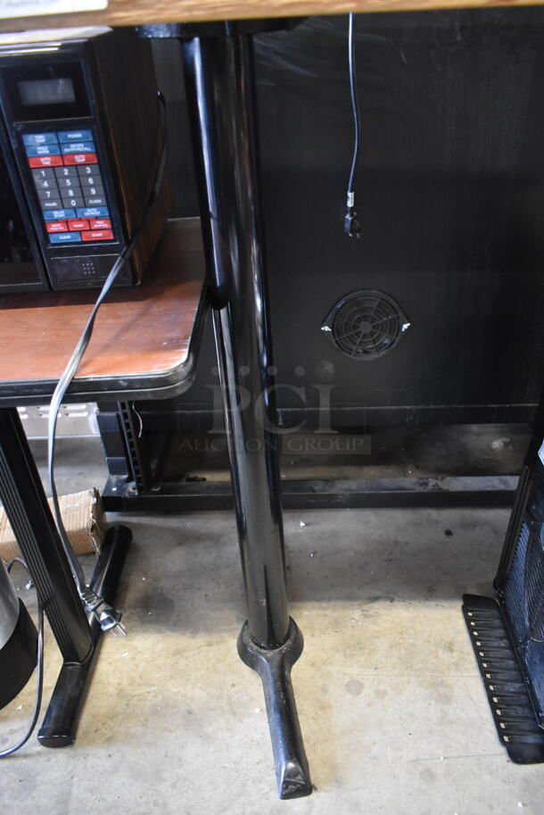 Butcher Block Bar Height Table on 2 Black Metal table Bases. - Image 3 of 3
