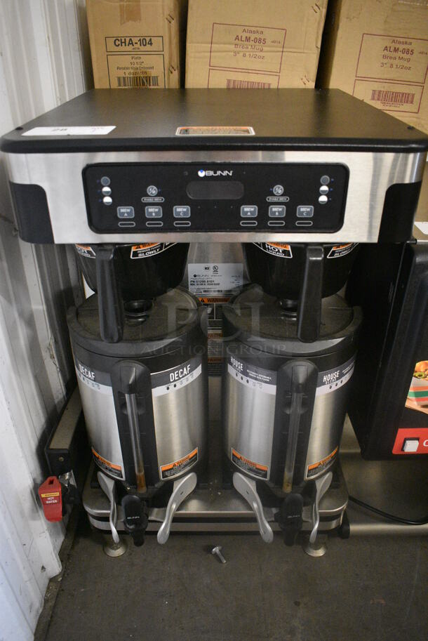 2019 Bunn Model ICB TWIN SH Stainless Steel Commercial Countertop Coffee Machine w/ Hot Water Dispenser, 2 Satellite Servers and 2 Poly Brew Baskets. 120/240 Volts, 1 Phase. 20.5x21x33