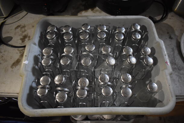 ALL ONE MONEY! Lot of 16 Metal Salt / Pepper Shaker Holders w/ 2 Shakers Each in Gray Poly Bus Bin. 4.5x3x5 - Image 1 of 3