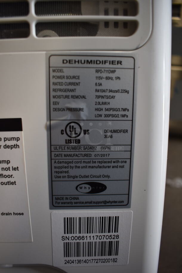 BRAND NEW SCRATCH AND DENT! Whynter RPD-711DWP Electric Portable White Dehumidifier. 115V, 1 Phase. Tested And Working!  - Image 7 of 10