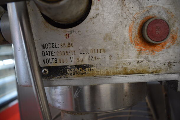 Model SM-30 Metal Commercial Floor Style 30 Quart Planetary Dough Mixer w/ Bowl Guard, Paddle Attachment, Meat Grinder, Tray and Pusher. 110 Volts, 1 Phase. 24x30x55. Tested and Powers On But Parts Do Not Move - Image 4 of 8