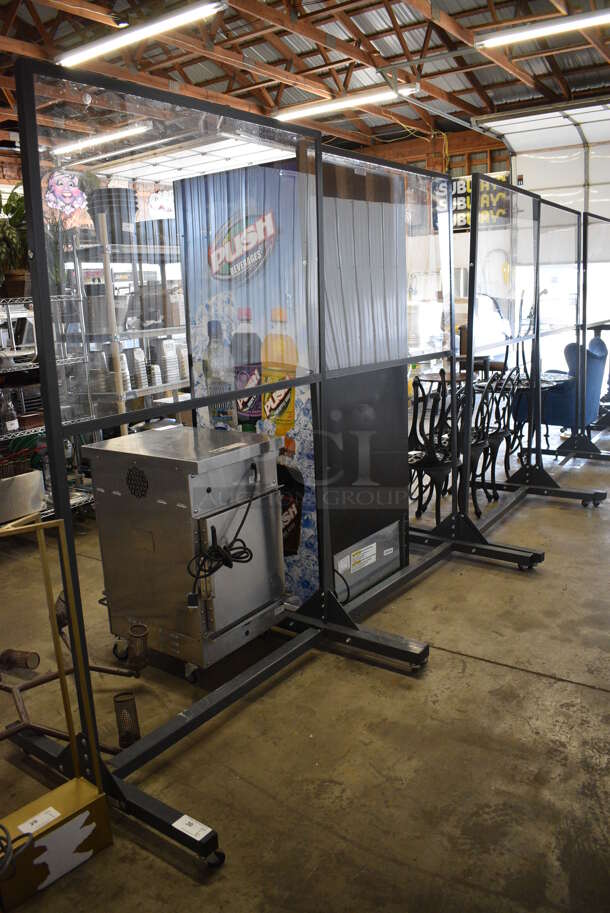 6 Gray Metal Floor Style Portable Separator Wall Sneeze Guard on Commercial Casters. 48x36x80.5. 6 Times Your Bid!