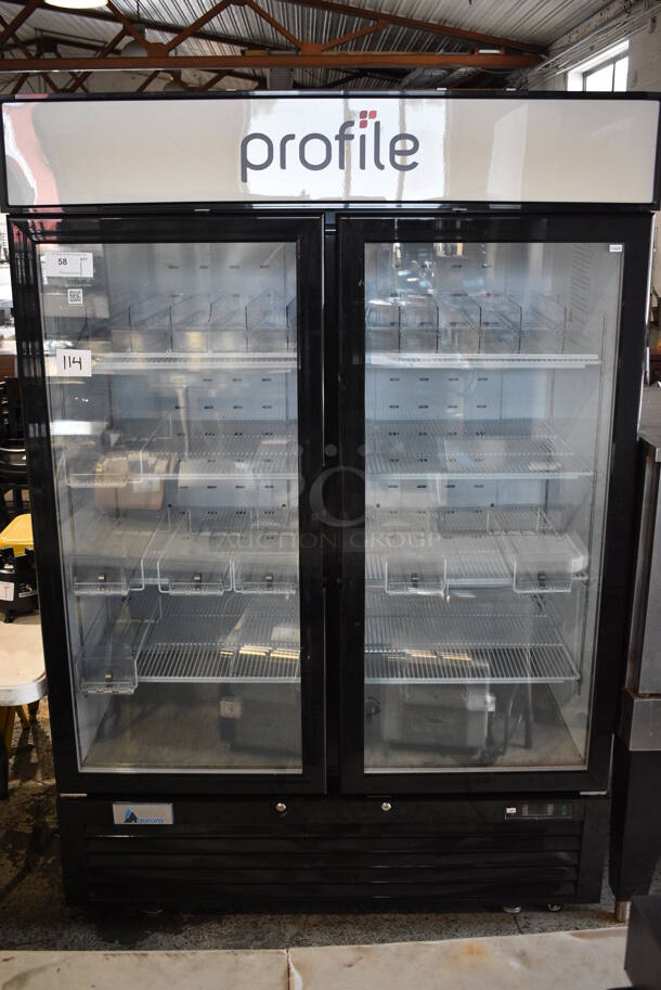 2019 Alcom Model GMF48-B Metal Commercial 2 Door Reach In Freezer Merchandiser w/ Poly Coated Racks. 115 Volts, 1 Phase. 54x31.5x81. Tested and Powers On But Does Not Get Cold