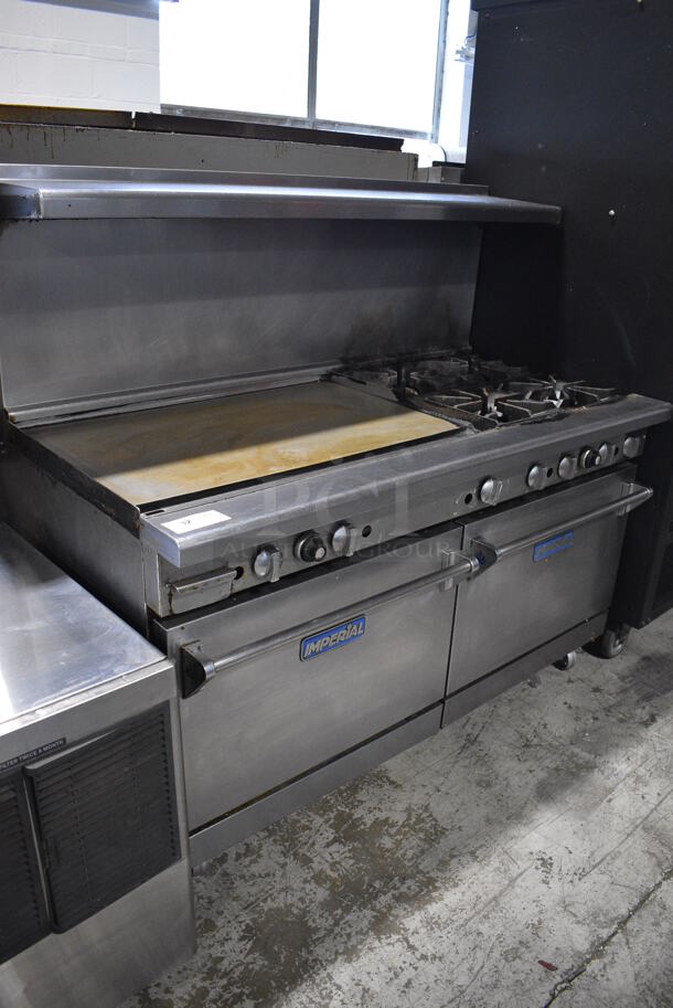 Imperial Stainless Steel Commercial Natural Gas Powered 4 Burner Range w/ Flat Top Griddle, 2 Ovens, Over Shelf and Back Splash on Commercial Casters. 60x32x55 - Image 5 of 9
