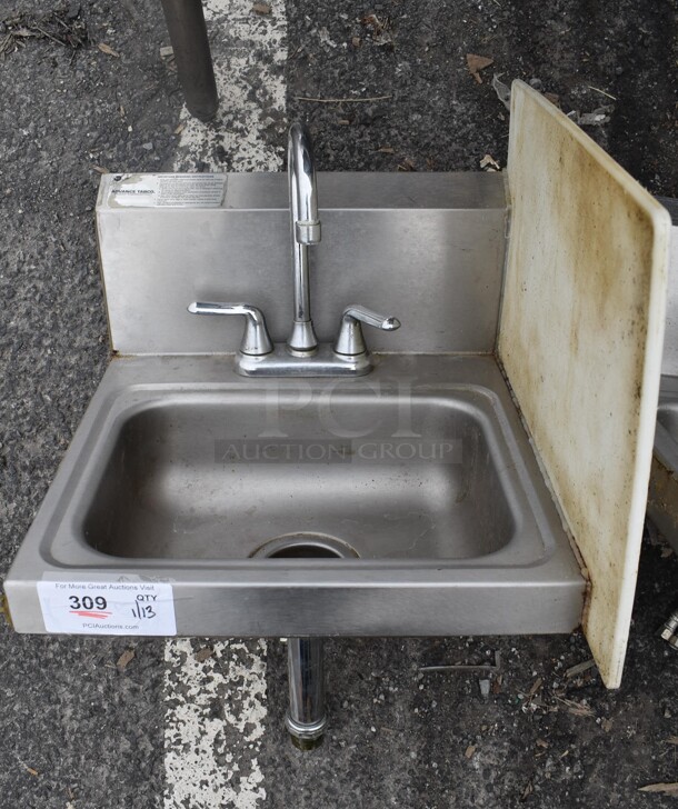 Stainless Steel Single Bay Wall Mount Sink w/ Side Splash Guard, Faucet and Handles. 17x17x24