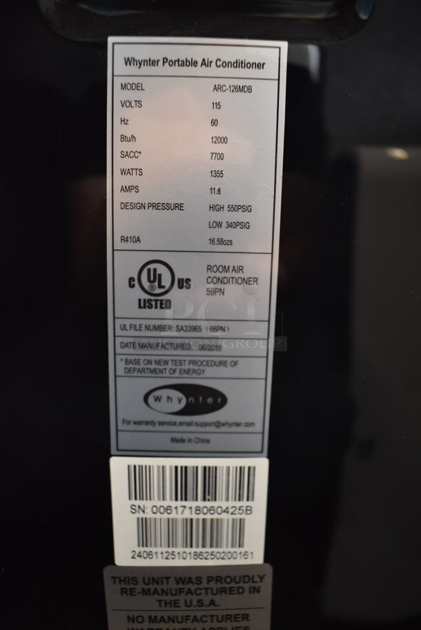 BRAND NEW SCRATCH AND DENT! Whynter ARC-126MDB Black Portable Air Conditioner. Tested And Working! - Image 11 of 11