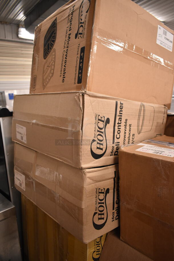 PALLET LOT OF 32 BRAND NEW Boxes Including 2 Box Choice Oblong Plastic Dome Lid, 347RP6WHGLD Visions 6" White Plastic Plate with Gold Lattice Design - 150/Case, 2 Box Choice Deli Container, 500TO993C3 9" x 9" x 3" Microwaveable 3-Compartment Black / Clear Plastic Hinged Container, 271VC5252SBK Intedge 52" x 52" Black Solid Vinyl Table Cover with Flannel Back, 178NLE10CN Compressor, 17828026SC Starting Capaci, 17828015PS Protector, 17828002C Compressor Cover, 3 Box 433NHTBIO EcoChoice 1/6 Standard Size Biodegradable Standard-Duty Plastic T-Shirt Bag - 500/Case, 357FBT2068A0 BASE & TOP PLATE - KT22 BLK 2/PK, 2 Box 485WPJ7BK EcoChoice 7 3/4" Jumbo Black Wrapped Paper Straw - 3200/Case. 32 Times Your Bid! - Image 4 of 12