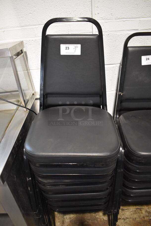 7 Black Metal Stackable Banquet Chairs w/ Black Seat Cushion. 18x20x35. 7 Times Your Bid!