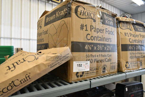 3 Various BRAND NEW Boxes Including 2 Box 795PTOKFT1 Choice Kraft Microwavable Folded Paper #1 Take-Out Container 4 3/8" x 3 1/2" x 2 1/2" - 450/Case and EcoCraft 12x12 Sandwich Wrap. 3 Times Your Bid!  - Image 1 of 5