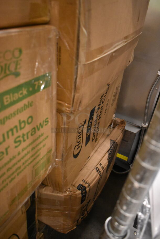 PALLET LOT OF 32 BRAND NEW Boxes Including 2 Box Choice Oblong Plastic Dome Lid, 347RP6WHGLD Visions 6" White Plastic Plate with Gold Lattice Design - 150/Case, 2 Box Choice Deli Container, 500TO993C3 9" x 9" x 3" Microwaveable 3-Compartment Black / Clear Plastic Hinged Container, 271VC5252SBK Intedge 52" x 52" Black Solid Vinyl Table Cover with Flannel Back, 178NLE10CN Compressor, 17828026SC Starting Capaci, 17828015PS Protector, 17828002C Compressor Cover, 3 Box 433NHTBIO EcoChoice 1/6 Standard Size Biodegradable Standard-Duty Plastic T-Shirt Bag - 500/Case, 357FBT2068A0 BASE & TOP PLATE - KT22 BLK 2/PK, 2 Box 485WPJ7BK EcoChoice 7 3/4" Jumbo Black Wrapped Paper Straw - 3200/Case. 32 Times Your Bid! - Image 8 of 12