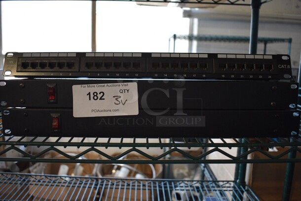 3 Various Rack Units; Two Model P-J06B0B Outlet Strips and One Cat 6 24 Port Strip. 19x3x1.5. 3 Times Your Bid!
