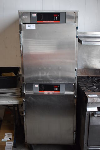Carter Hoffmann Stainless Steel Commercial 2 Half Size Reach In Heated Holding Cabinet on Commercial Casters. 26.5x33x72. Tested and Working!