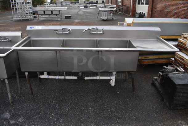 Stainless Steel Commercial 3 Bay Sink w/ Right Side Drainboard, 2 Handle Sets and 2 Faucets. 98x30x46. Bays 24x24x13. Drainboard 22x26x1