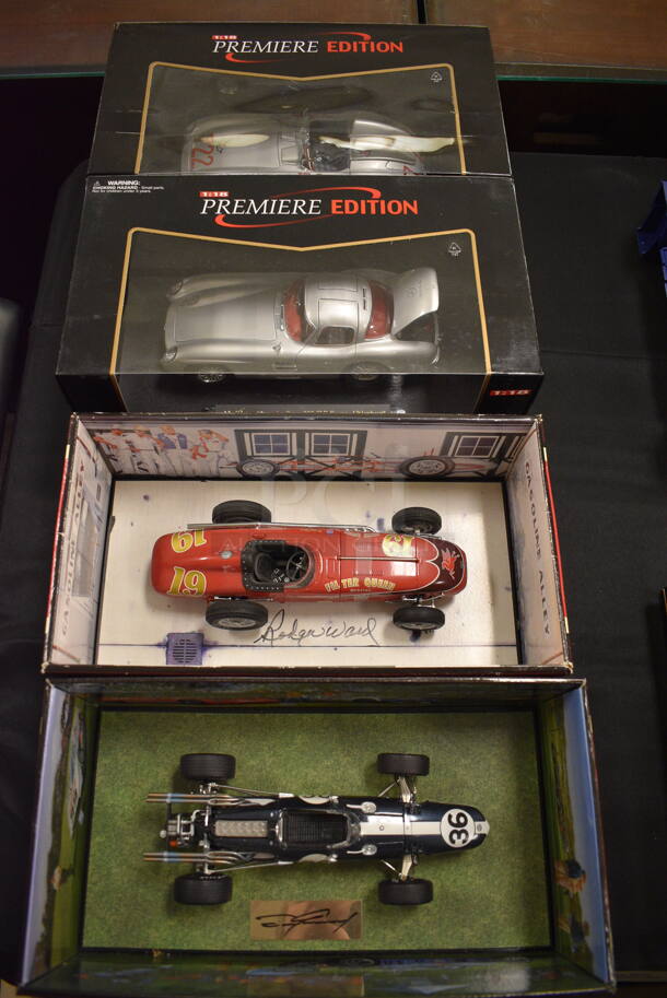 4 Model Cars; 2 Signed Racing Cars Kurtis Kraft Racer Filter Queen Special Signed by Rodger Ward - 2 Time Indy 500 Winner, Eagle Mark 1 Weslake Signed by Dan Gurney, NEW Maisto Mercedes Benz 300 SLR Coupe, NEW Maisto Mercedes Benz 300 SLr Mille Miglia 1955. Includes 10x4x3. 4 Times Your Bid!