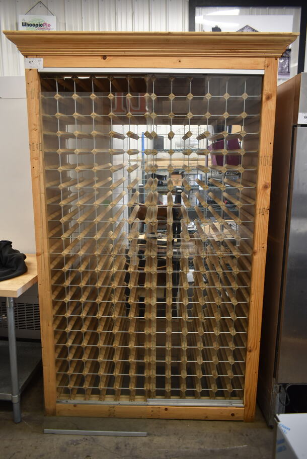 LIKE NEW! Wooden Wine Bottle Rack w/ Glass Front Panels. - Image 1 of 6