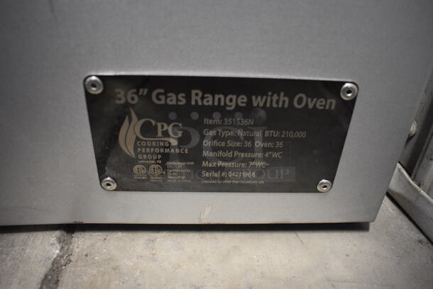 BRAND NEW! CPG Model 351S36N Stainless Steel Commercial Natural Gas Powered 6 Burner Range w/ Oven. Comes w/ Backsplash, Over Shelf, Extra Grate, 2 Extra Burners and 2 Extra Knobs. Stock Picture Used For Gallery. 36x31x31 - Image 12 of 12