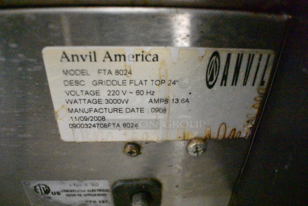 Anvil FTA 8024 Stainless Steel Commercial Countertop Electric Powered Flat Top Griddle. 220 Volts, 1 Phase.  - Image 3 of 3