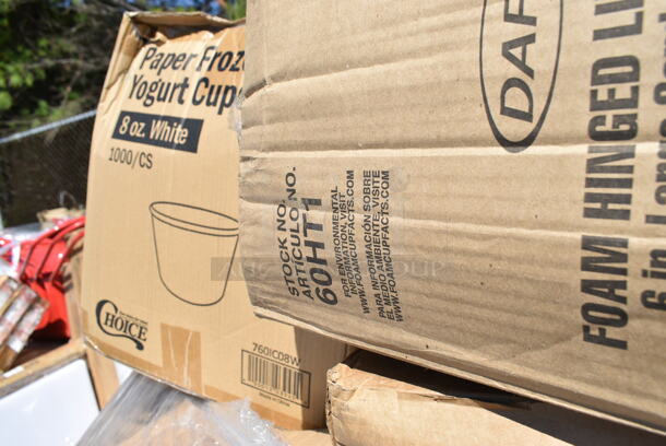 PALLET LOT of 30 BRAND NEW Boxes Including 760IC08W Choice 8 oz. White Paper Frozen Yogurt / Food Cup - 1000/Case, Dart 60HT1 White Foam Hinged Lid Container 6" x 6" x 3" - 500/Case, 2 box 612FFL1230 Choice Foil Steam Table Pan Lid - Full Size - 50/Case, 50020W Choice 20 oz. White Poly Paper Hot Cup, 50010W Choice 10 oz. White Poly Paper Hot Cup - 1000/Case, 127RD32BULK Choice 32 oz. Customizable Microwavable Translucent Round Deli Container - 500/Case, 50012W Choice 12 oz. White Poly Paper Hot Cup - 1000/Case, 395TO991 EcoChoice 9" x 9" x 3" Compostable Sugarcane / Bagasse 1 Compartment Take-Out Box - 200/Case, 500TW16S Choice 16 oz. Translucent Thin Wall Squat Plastic Cold Cup - 1000/Case, 760PCCLEM22 Carnival King 22 oz. Poly Paper Lemonade Cup - 1000/Case. 30 Times Your Bid!  - Image 10 of 12