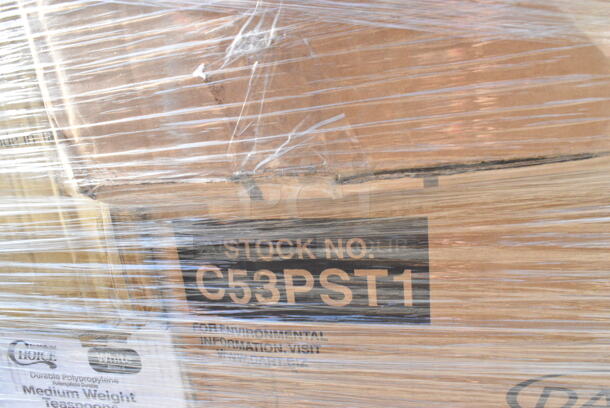 25 BRAND NEW Boxes Including 500CC20 Choice Clear PET Customizable Plastic Cold Cup - 20 oz. - 600/Case, 50012DWPLAKR EcoChoice 12 oz. Smooth Double Wall Kraft Compostable Paper Hot Cup - 500/Case, 395TO961 EcoChoice 9" x 6" x 3" Compostable Sugarcane / Bagasse 1 Compartment Take-Out Container - 200/Case, 127CH64 Choice 64 oz. Clear RPET Hinged Deli Container - 200/Case, 3 Box 130WSPOON Choice Medium Weight White Plastic Teaspoon - 1000/Case, Dart C53PST1 ClearSeal Hinged Lid Plastic Container 5 3/8" x 5 1/4" x 2 5/8" - 500/Case, 500TO993C3 Choice 9" x 9" x 3" Microwaveable 3-Compartment Black / Clear Plastic Hinged Container - 100/Case, 2 Box Bouffant Caps, 500MF663W1C Choice 6" x 6" 1-Compartment Microwaveable White Mineral-Filled Plastic Hinged Take-Out Container - 250/Case, 760SOUP64WBL Choice 64 oz. White Paper Soup / Hot Food Cup Vented Lid - 150/Case, 966UPWIDEB1-500 OneUp by Choice White 1-Ply Wide Interfold 6 1/2" x 8 1/2" Dispenser Napkin - 6000/Case, 129MCS24B Choice 24 oz. Black Rectangular Microwavable Heavy Weight Container with Lid 8" x 5 1/4" x 2" - 150/Case, 500CC20 Choice Clear PET Customizable Plastic Cold Cup - 20 oz. - 600/Case. 25 Times Your Bid!  - Image 12 of 12