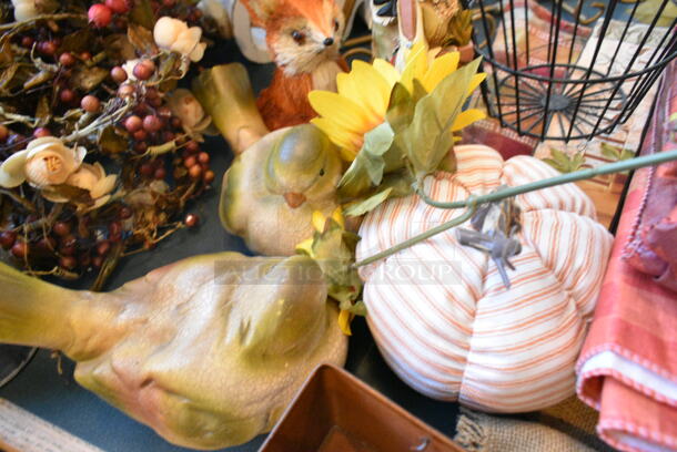 Wall Mount Table w/ Contents Including Fall Decor. BUYER MUST REMOVE: Bring Tools and Manpower Needed To Remove This Item. (booth room)  - Image 9 of 10