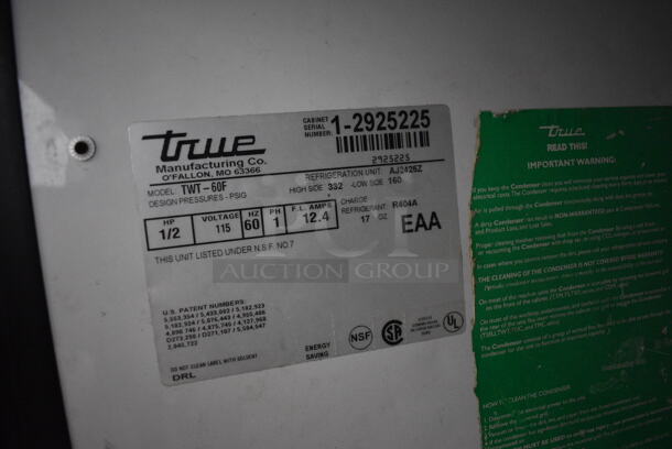True Model TWT-60F Stainless Steel Commercial 2 Door Work Top Freezer on Commercial Casters. 115 Volts, 1 Phase. 60.5x30x39. Tested and Powers On But Temps at 34 Degrees - Image 6 of 7