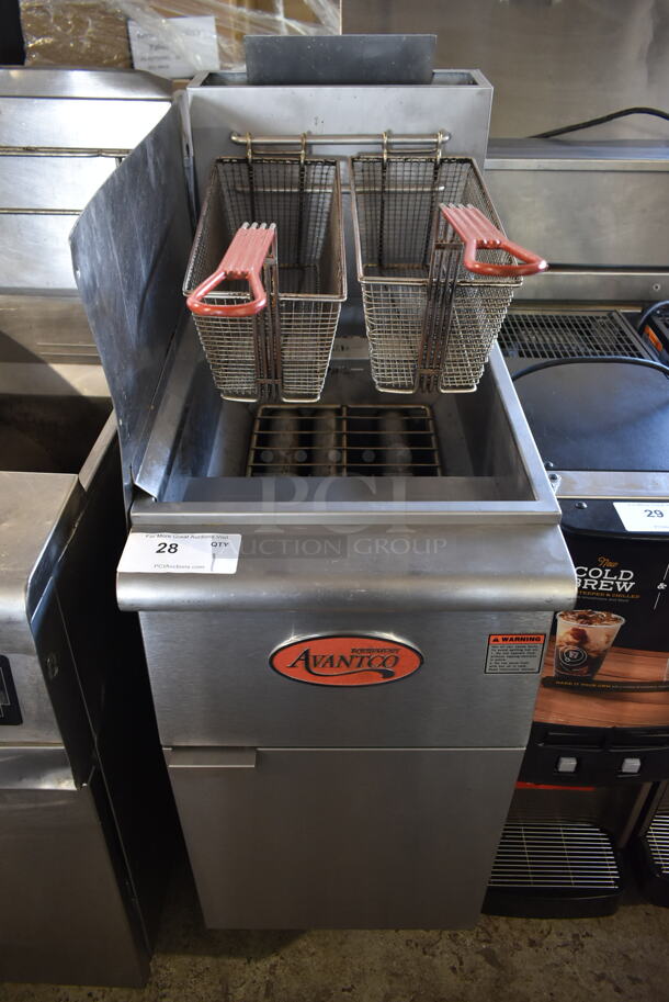 2018 Avantco FF300-N Stainless Steel Commercial Floor Style Natural Gas Powered Deep Fat Fryer w/ 2 Metal Fry Baskets and Side Splash Guard. 90,000 BTU. - Image 1 of 6