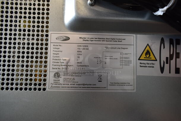 BRAND NEW SCRATCH AND DENT! Whynter CHC-123DS 1.2 cu. ft. Stainless Steel Digital Control and Display Cigar Humidor with Spanish Cedar Shelves. 110-120 Volts, 1 Phase. Tested and Working! - Image 6 of 6
