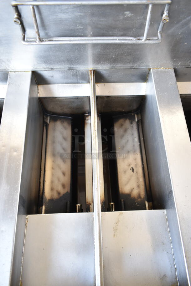 2019 Frymaster BIGLA430-8TSD Stainless Steel Commercial Natural Gas Powered 4 Bay Deep Fat Fryer w/ Filtration System on Commercial Casters. 105,000 BTU.  - Image 4 of 12