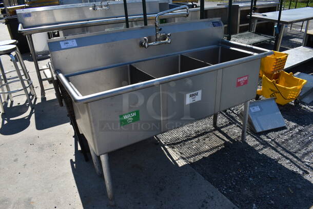 Stainless Steel Commercial 3 Bay Sink w/ Faucet and Handles. 59x24x41. Bay 18x18x13