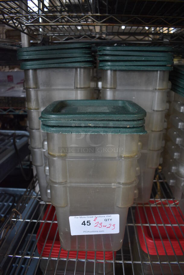 ALL ONE MONEY! Lot of 23 Clear Poly Containers w/ 23 Green Lids. 8x7x7.5