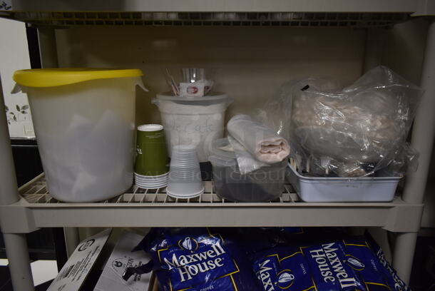 Poly 5 Tier Shelving Unit w/ Contents Including Coffee Grounds and Trash Can. BUYER MUST REMOVE: BUYER MUST DISMANTLE. PCI CANNOT DISMANTLE FOR SHIPPING. PLEASE CONSIDER FREIGHT CHARGES. (ice room) - Image 4 of 8