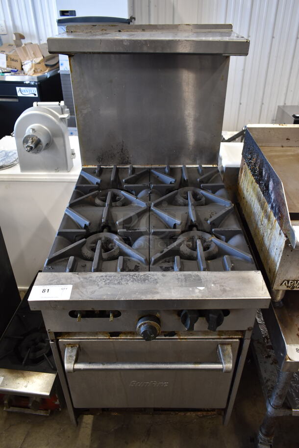 Garland SunFire X24-4L Stainless Steel Commercial Natural Gas Powered 4 Burner Range w/ Oven, Over Shelf and Back Splash. - Image 1 of 9