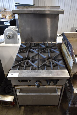 Garland SunFire X24-4L Stainless Steel Commercial Natural Gas Powered 4 Burner Range w/ Oven, Over Shelf and Back Splash.