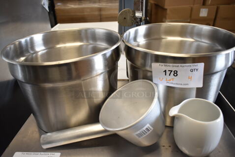 BRAND NEW! Lot of 4 Items; 2 Stainless Steel Cylindrical Drop In Bins, Metal Pan and Ceramic Pitcher.