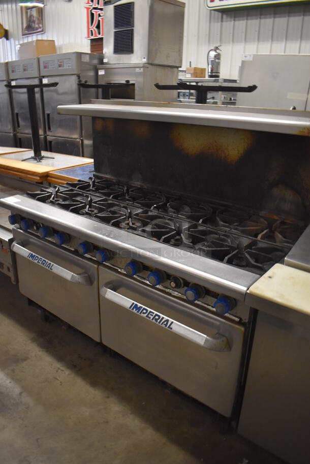 Imperial Stainless Steel Commercial Natural Gas Powered 10 Burner Range w/ 2 Ovens, Over Shelf and Back Splash on Commercial Casters. 60x32x56 - Image 3 of 7