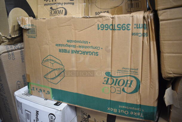 PALLET LOT of 22 BRAND NEW Boxes Including 2 Box 129MCS16B Choice 16 oz. Black 8" x 5 1/4" x 1 1/2" Rectangular Microwavable Heavy Weight Container with Lid - 150/Case, 395TO661 Ecochoice compostable Sugarcane Takeout, 2 Box 612558L Choice 8 1/8" Round Foil-Laminated Board Lid - 500/Case, 130WFORKWP Choice Individually Wrapped Medium Weight White Plastic Fork - 1000/Case, 500CC16HW Choice Heavy Weight 16 oz. Clear Plastic Cold Cup - 1000/Case, 433LSLCPIE Choice 5" Clear Hinged Slice Container with Low Dome Lid, Dart C57PST1 ClearSeal Hinged Lid Plastic Container 6" x 5 13/16" x 3" - 500/Case, Dart 60HT1 White Foam Hinged Lid Container 6" x 6" x 3" - 500/Case, 500CC12 Choice Clear PET Customizable Plastic Cold Cup - 12 oz. - 1000/Case, 433LSLCPIE Choice 5" Clear Hinged Slice Container with Low Dome Lid, Dart 12BWWCR Concorde 10-12 oz. White Non-Laminated Round Foam Bowl - 1000/Case. 22 Times Your Bid!  - Image 4 of 12