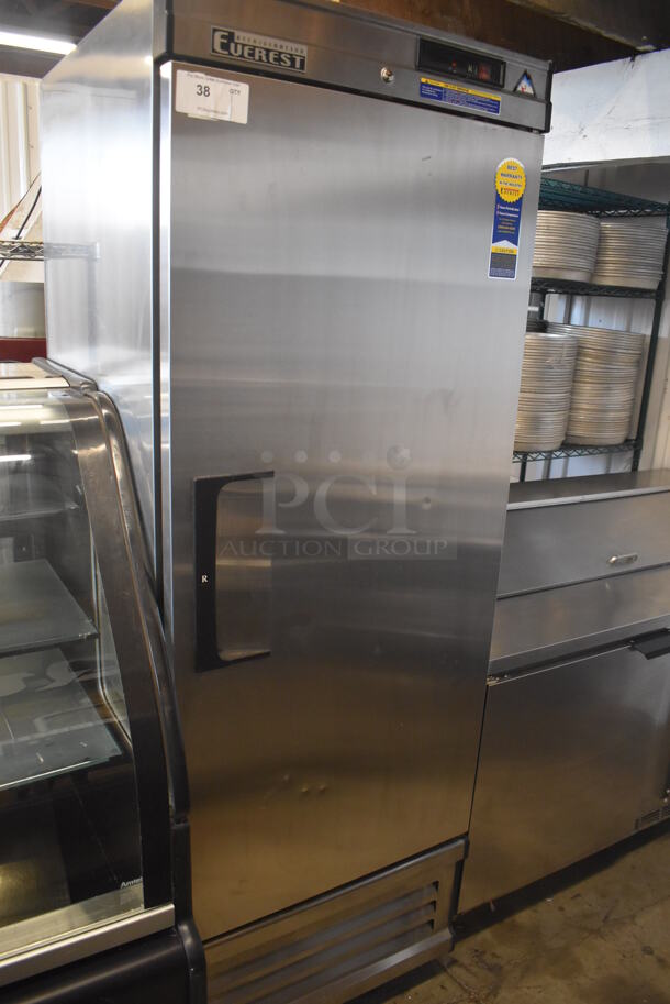 Everest EBR1 Stainless Steel Commercial Single Door Reach In Cooler w/ Poly Coated Racks on Commercial Casters. 115 Volts, 1 Phase. 27x31x80. Tested and Working! - Image 1 of 6