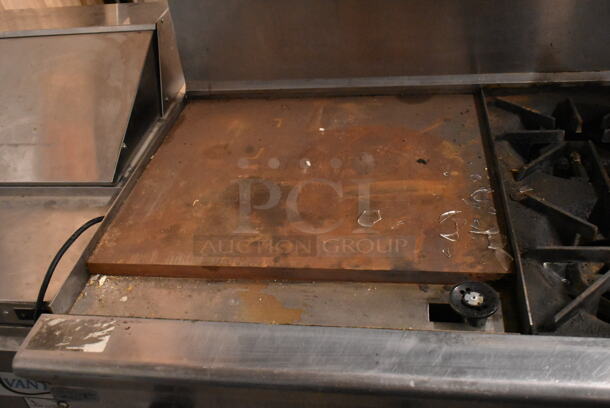 Garland PS-24G-6-2628 Stainless Steel Commercial Natural Gas Powered 6 Burner Range w/ Left Side Flat Top, 2 Ovens, Over Shelf and Back Splash.  - Image 4 of 11