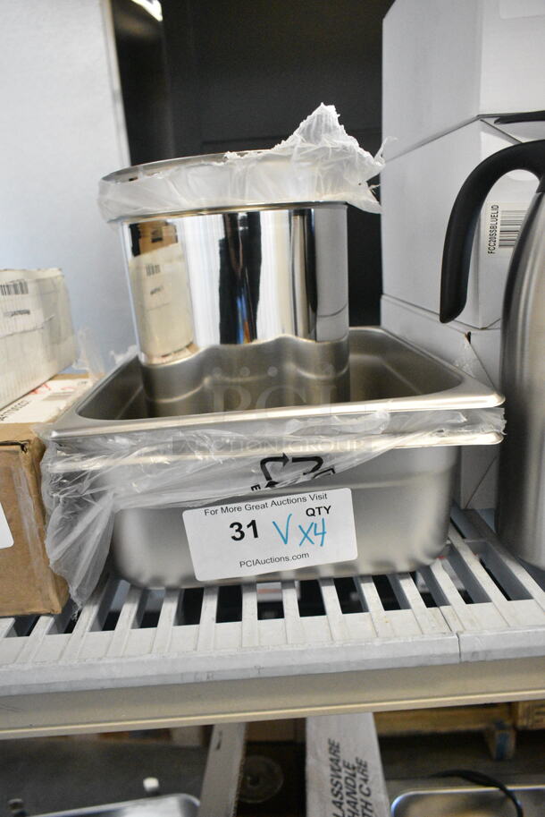 4 BRAND NEW SCRATCH AND DENT! Items Including 2 25MCCW135 Poly Measuring Pitchers, FCCLBLU Knob, Stainless Steel Cylindrical Bin, 2 Metal 1/2 Size Drop In Bins. 4 Times Your Bid!  - Image 1 of 10