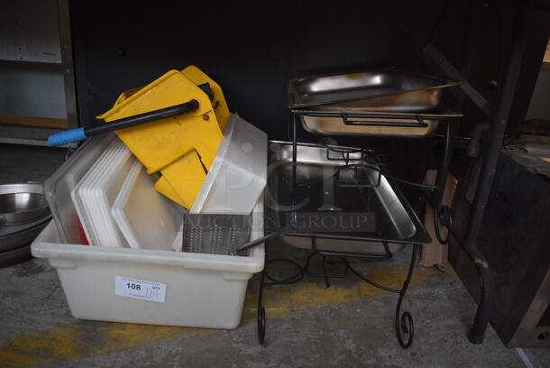 ALL ONE MONEY! Lot of Poly Bin w/ Poly Lids and Mop Bucket Wringing Attachment and 2 Metal Chafing Dish Frames
