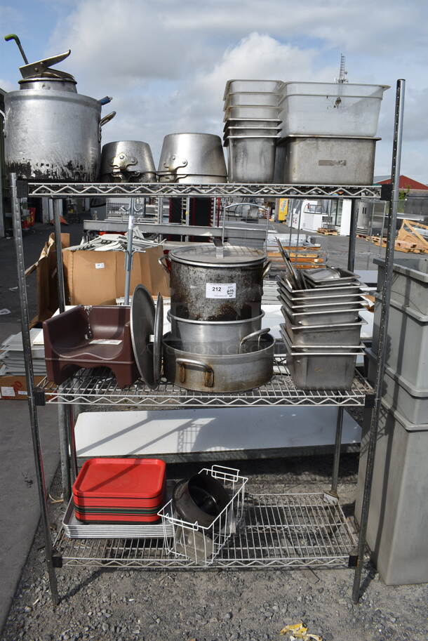 ALL ONE MONEY! Metro Shelf Lot Including Stainless Steel Drop In Bins, Child Seat, Pots, Pans and Lids, Metal and Poly Trays and MORE. Includes 3 Tier Shelving Unit! BUYER MUST DISMANTLE. PCI CANNOT DISMANTLE FOR SHIPPING. PLEASE CONSIDER FREIGHT CHARGES. - Image 1 of 5