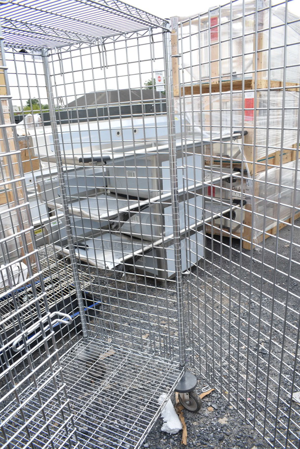 Metro Chrome Finish 2 Tier Wire Shelving Unit w/ Liquor Cage on Commercial Casters. BUYER MUST DISMANTLE. PCI CANNOT DISMANTLE FOR SHIPPING. PLEASE CONSIDER FREIGHT CHARGES.  - Image 3 of 5