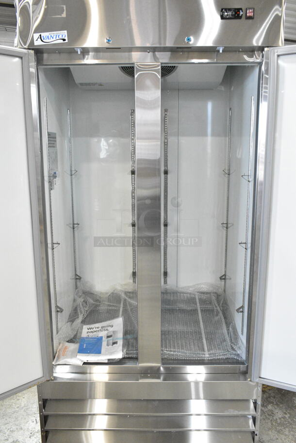 BRAND NEW SCRATCH AND DENT! 2024 Avantco 178A35FHC Stainless Steel Commercial 2 Door Reach In Cooler w/ Poly Coated Racks on Commercial Casters. 115 Volts, 1 Phase. Tested and Working! - Image 5 of 7