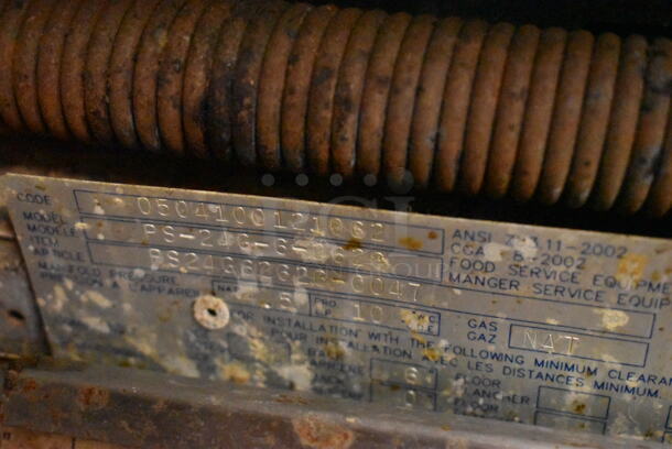 Garland PS-24G-6-2628 Stainless Steel Commercial Natural Gas Powered 6 Burner Range w/ Left Side Flat Top, 2 Ovens, Over Shelf and Back Splash.  - Image 10 of 11