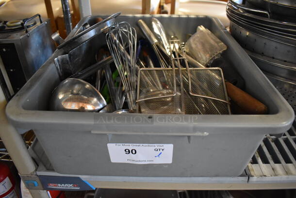 ALL ONE MONEY! Lot of Various Utensils Including Skimmer, Whisks and Ladles in Gray Poly Bus Bin