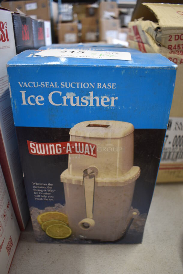 3 BRAND NEW IN BOX! Swing a Way White Countertop Manual Ice Crushers. 3 Times Your Bid!